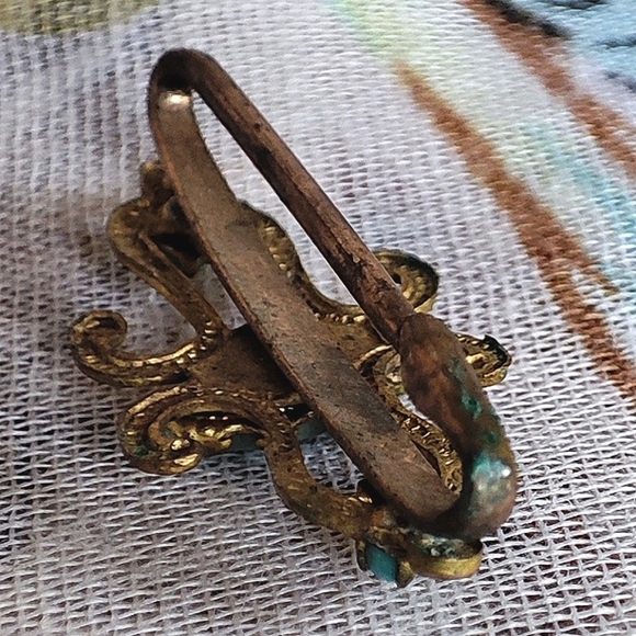 Victorian Turquoise Color Art Deco Vintage Brass Tone Bar Pin C Clasp - Picture 7 of 8